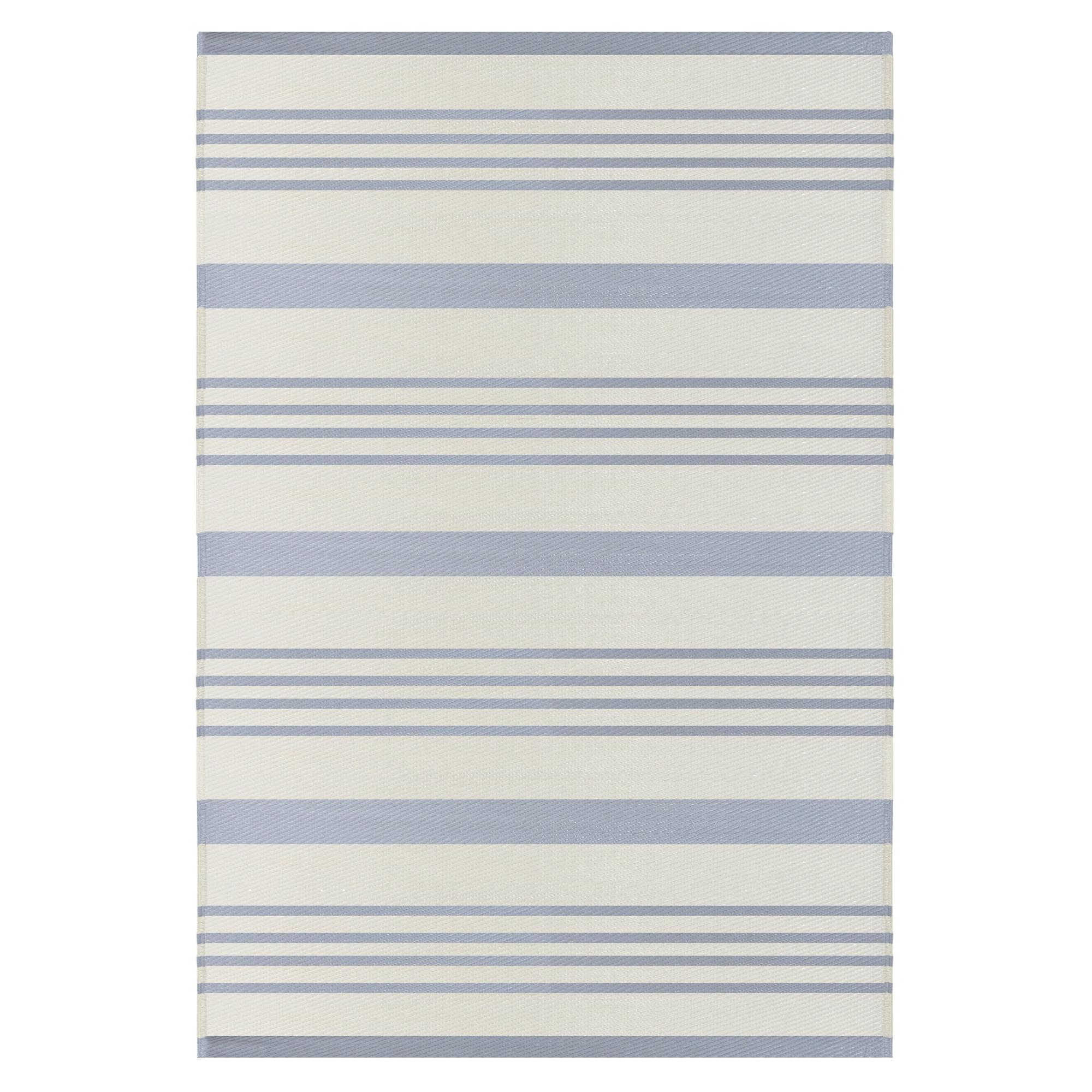 Light Blue and White Striped 4' x 6' Synthetic Outdoor Rug