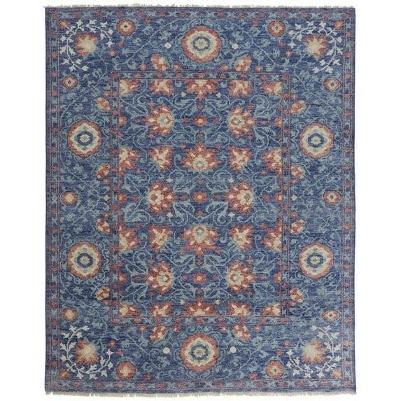 HomeRoots 4' X 6' Blue And Red Wool Floral Hand Knotted Stain Resistant Area Rug