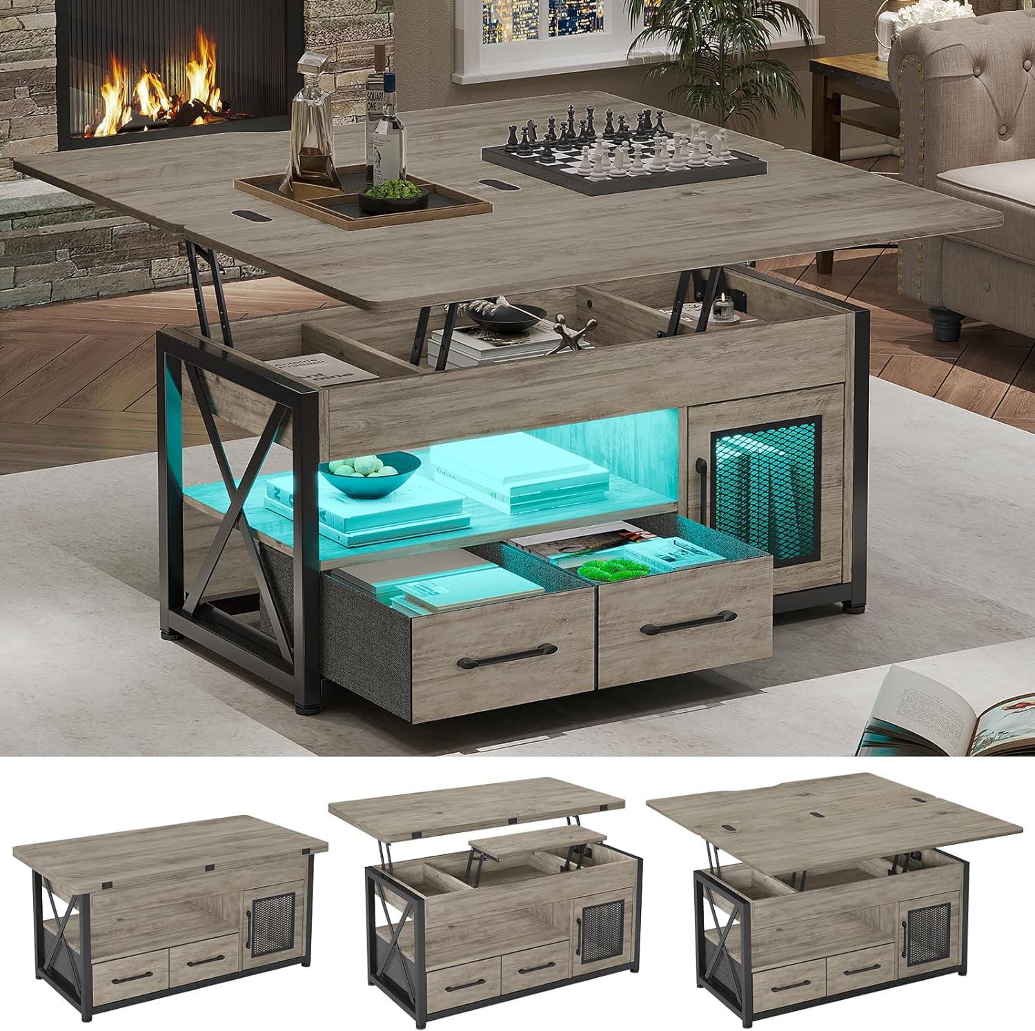 4 in 1 Lift Top Coffee Table with LED Light and 2 Fabric Drawers, 40" Farmhouse Coffee Table, Grey