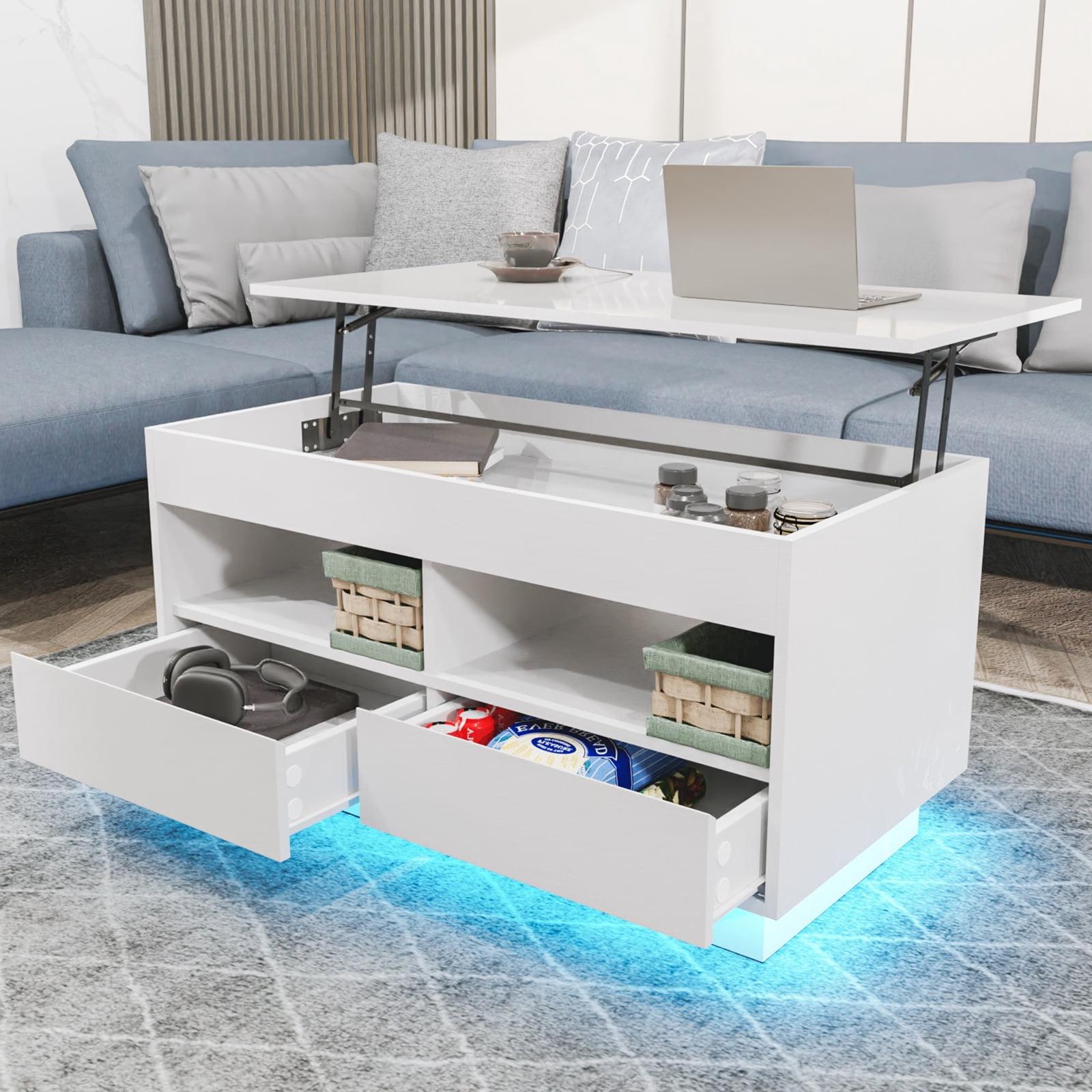 40" White Particle Board Lift-Top Coffee Table with LED Lights