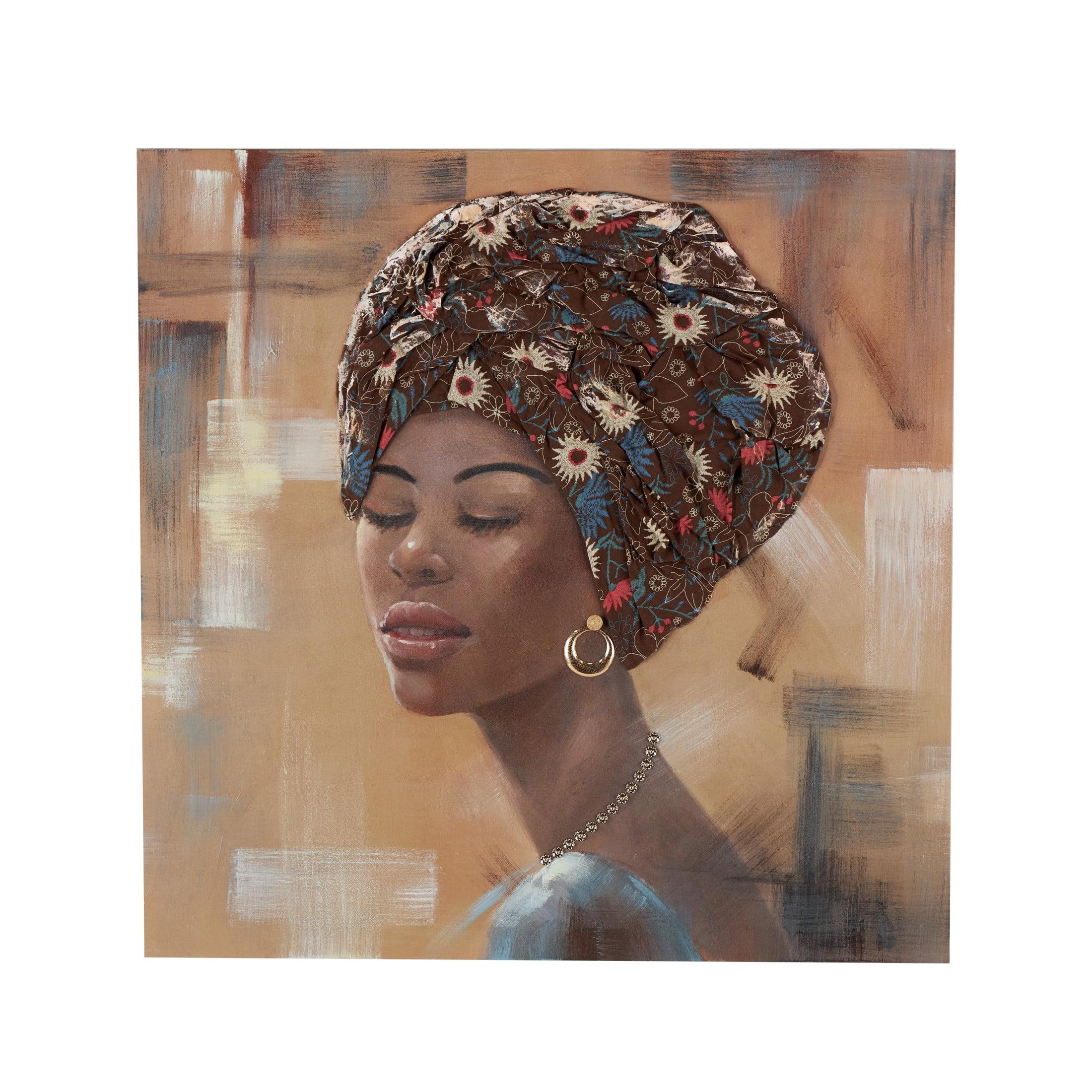 40" x 40" Unframed Woman Wall Art with 3D Fabric Headwear And Gold Jewels, by DecMode
