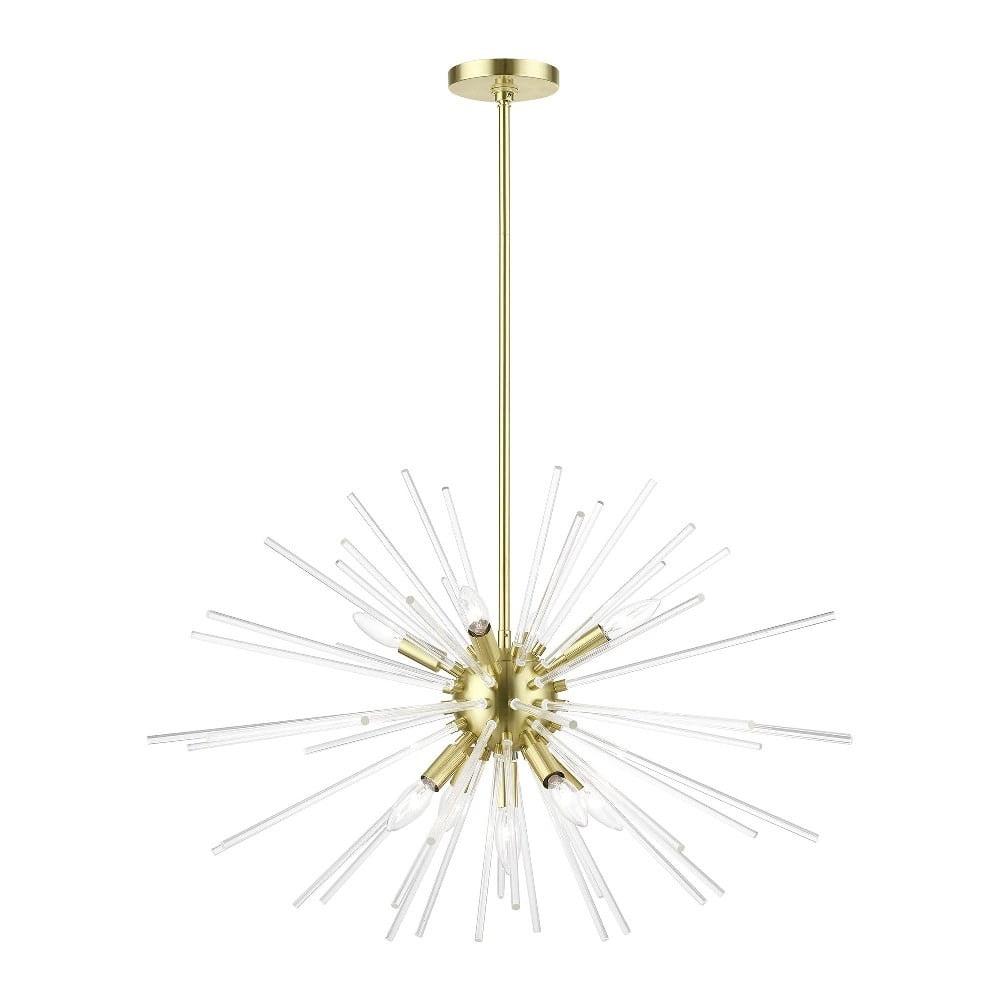 Elegant Spheroid 9-Light Pendant Chandelier with Satin Brass Finish and Clear Glass Rods