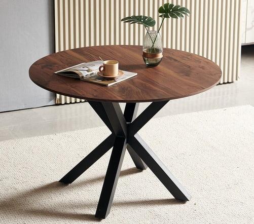 Mid-Century Modern Round Brown MDF Dining Table with Black Metal Legs