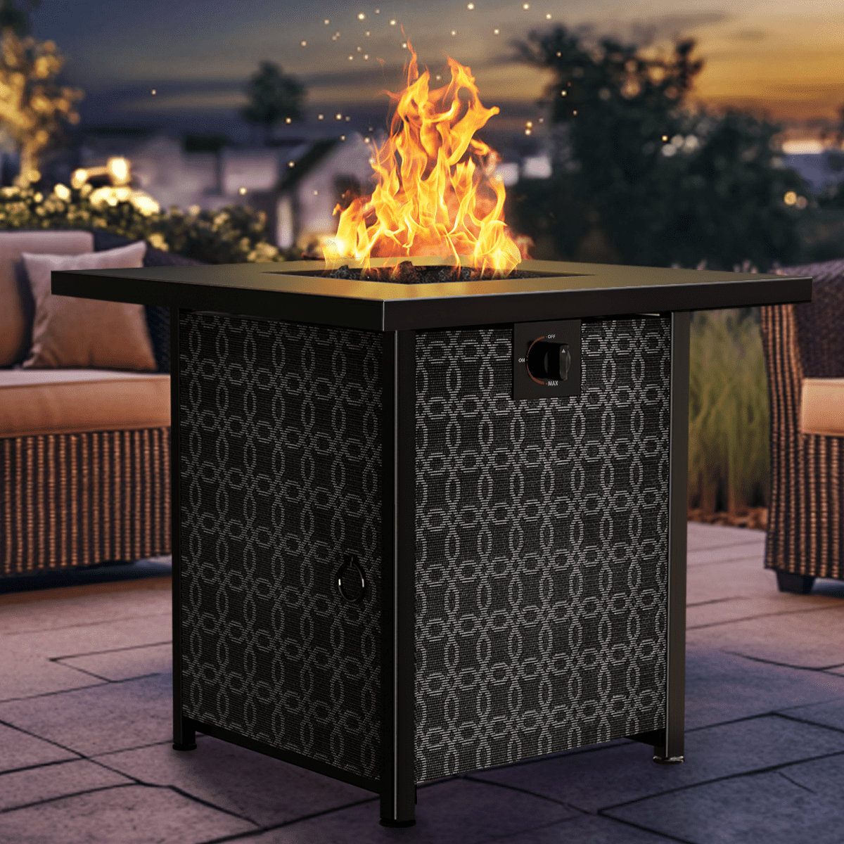 28" Outdoor Propane Fire Pit Table with Lid,Lava Rock and 50,000 BTU for Patio Garden Party,Black