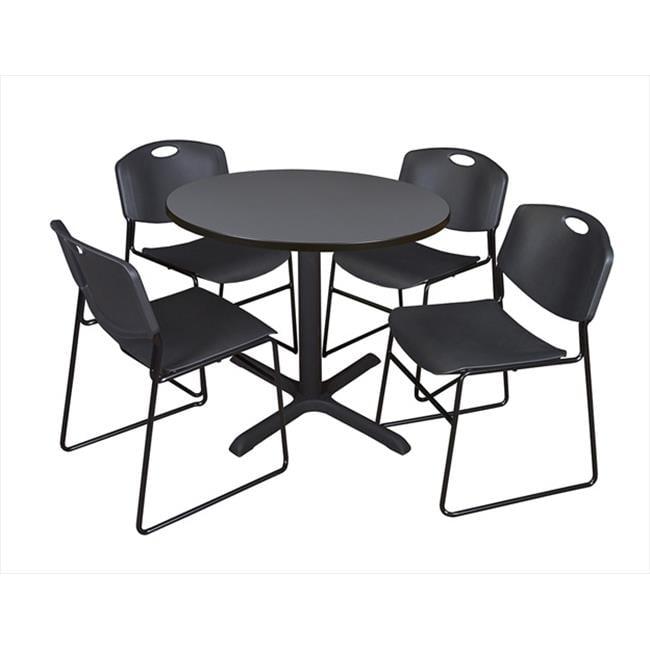 Contemporary 42" Round Grey Melamine Table & 4 Black Metal Chairs Set