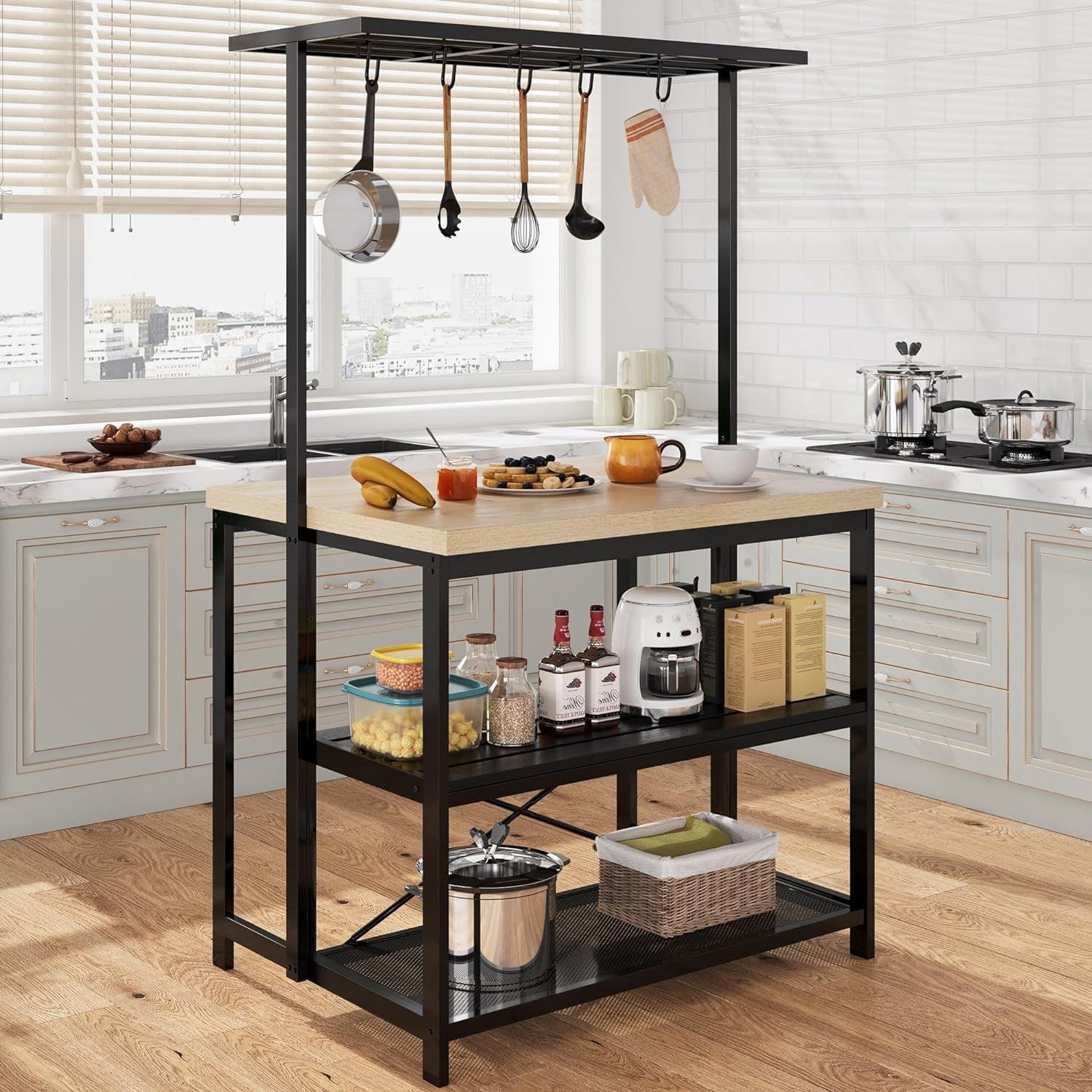 42" Pear Wood and White Metal Kitchen Island with Storage