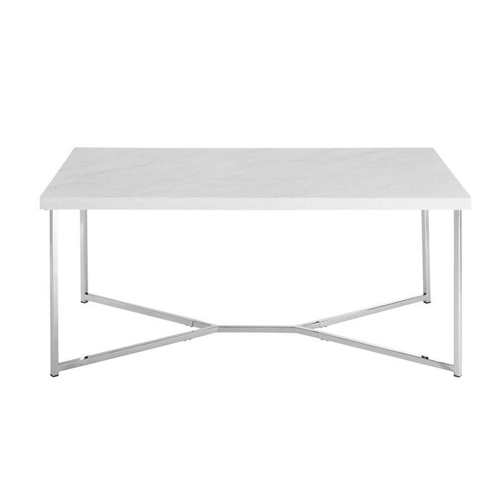 42" Rectangular Coffee Table in White Faux Marble with Chrome Metal Base