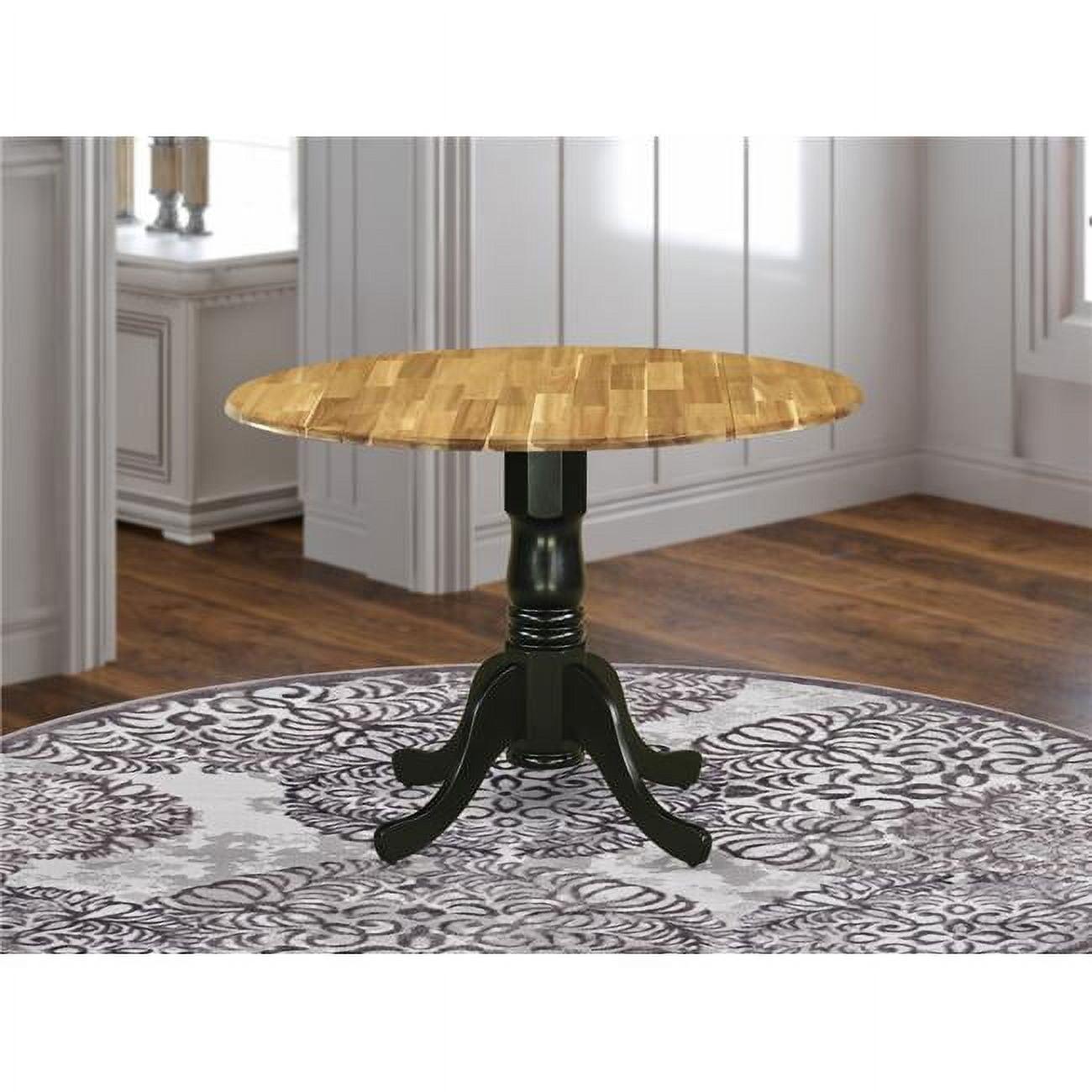 Acacia Wood Round Extendable Dining Table with Black Pedestal Base