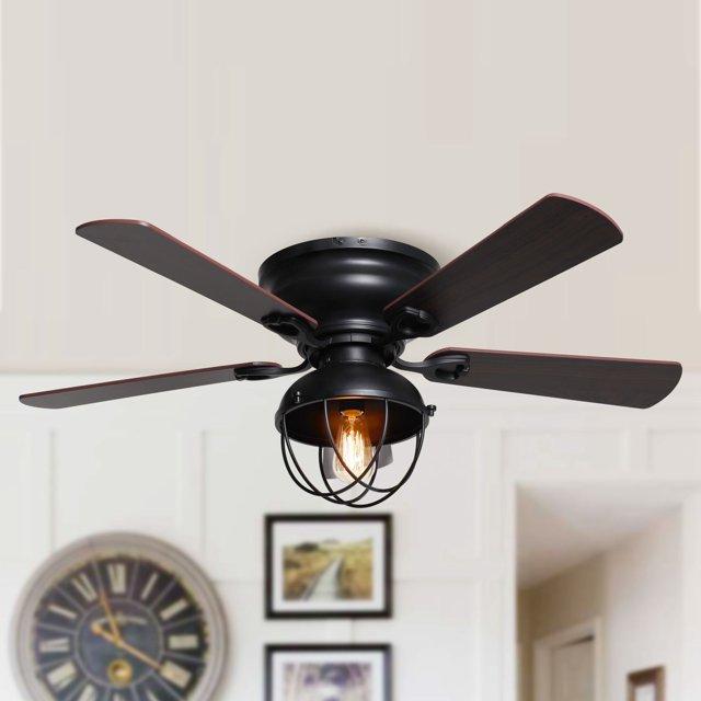 42-in Industrial 5-Blade Matte Black Low Profile Flush Mount Ceiling Fan with Light Kit and Remote - 42 Inches