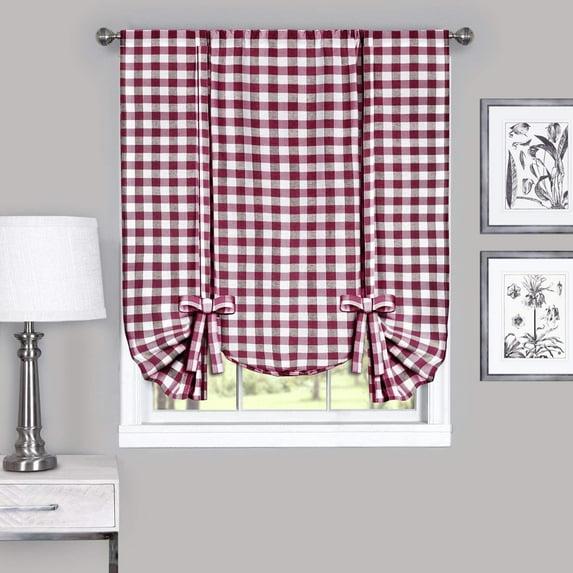 Buffalo Check Plaid Gingham Tie-Up Window Single Curtain, 42" x 63", Burgundy