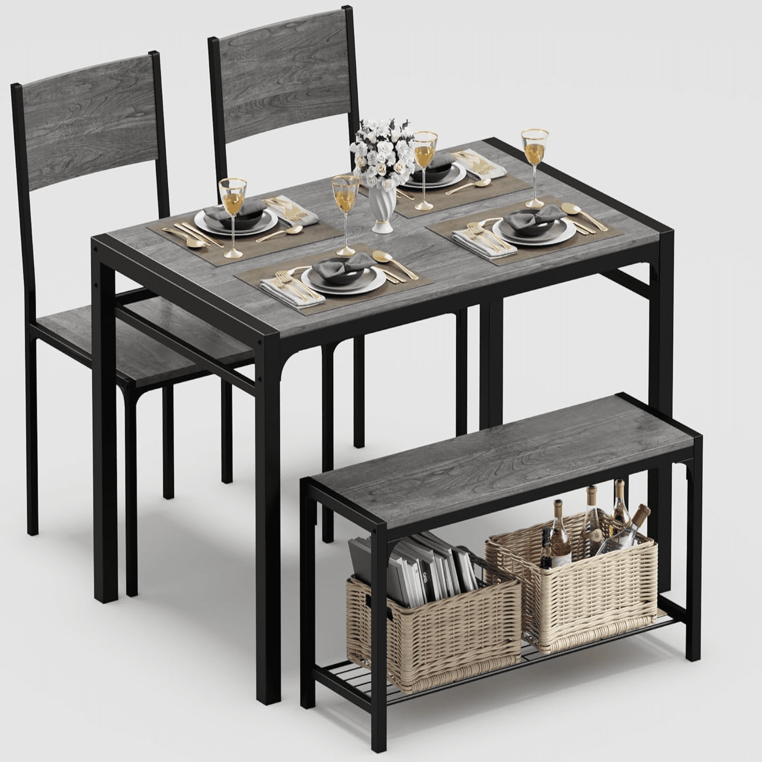 Homall Dining Table and 2 Chairs for 4 with Bench,4 Pices Indoor Outdoor Kitchen Living Room Furniture Garden Desk Set, Grey