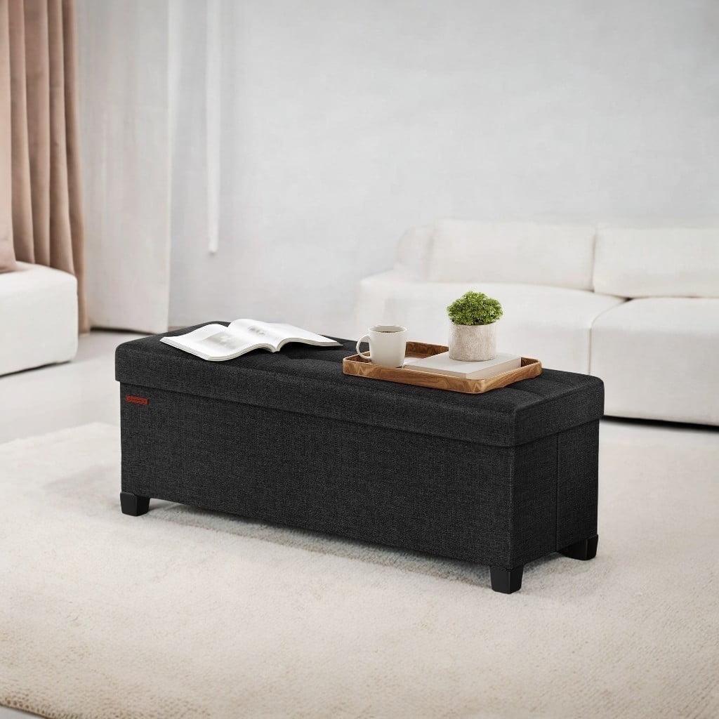 SONGMICS 43" Folding Storage Ottoman Bench Leather Ottoman Storage Footrest Hold up to 660lb Black
