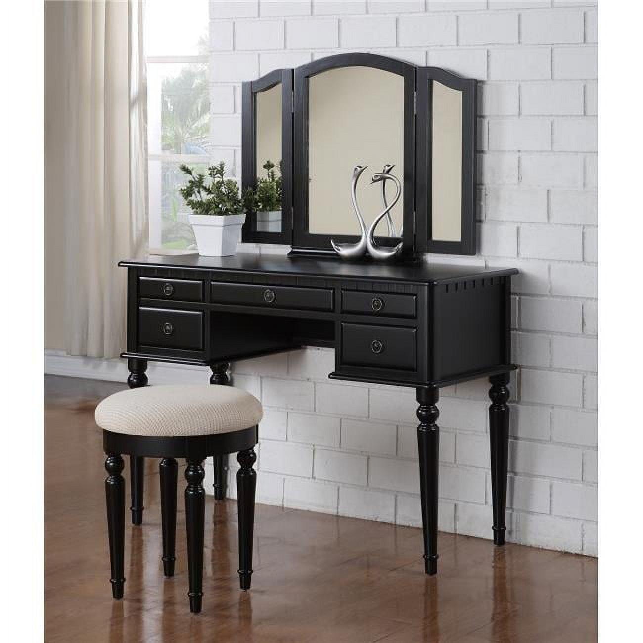 Bobkona St. Croix 3 Fold Mirror Vanity Table with Stool Set, Black