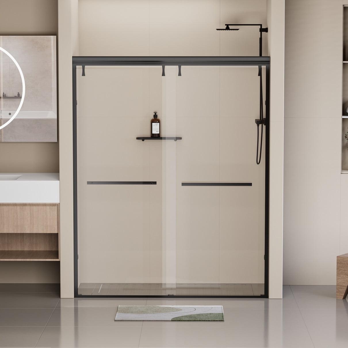 Matte Black Semi-Frameless Double Sliding Shower Door with Clear Tempered Glass