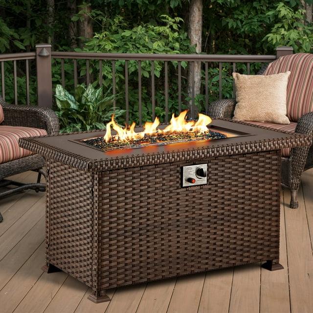 Gyutei44-in Rectangle 50,000 BTU PE Rattan Propane Fire Pit Table with Lid, Non-Glass Wind Cover