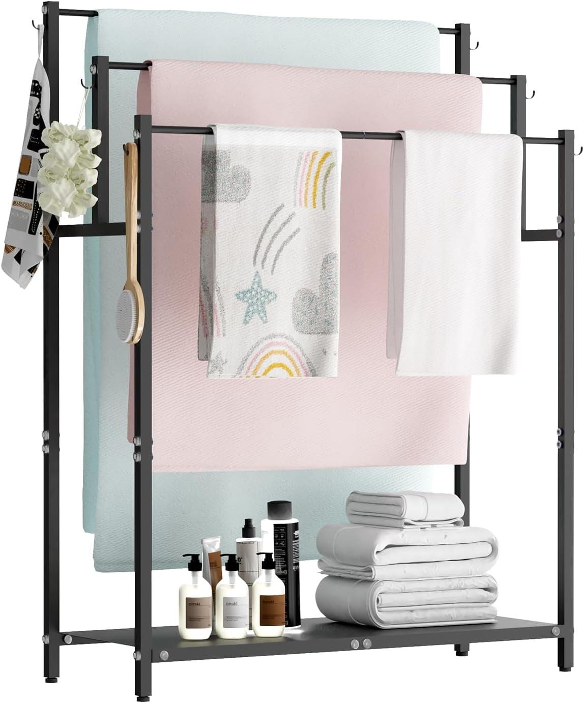 44" High Freestanding Towel Rack with 6 Bathroom Hooks