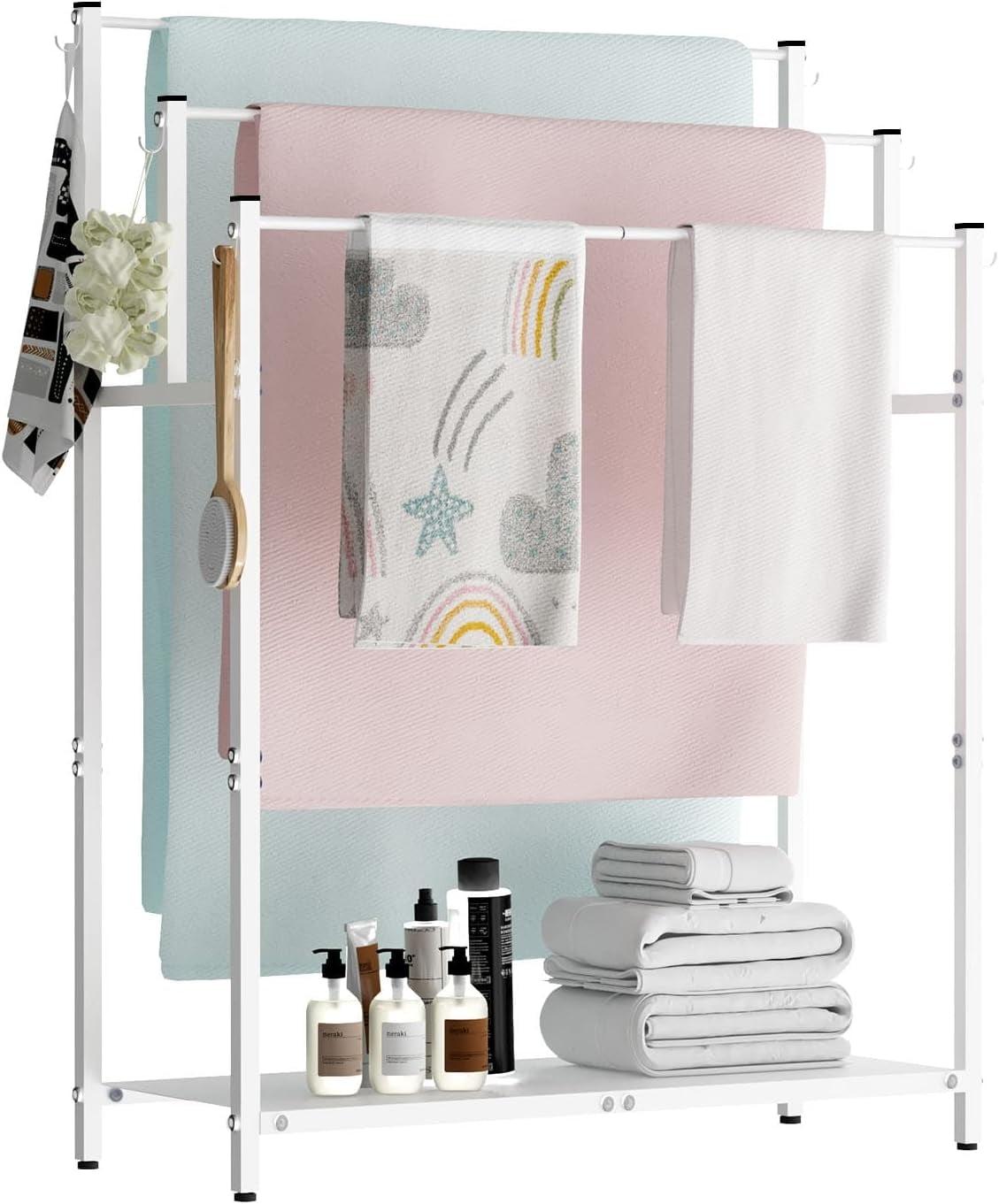 44" High Freestanding Towel Rack with 6 Bathroom Hooks