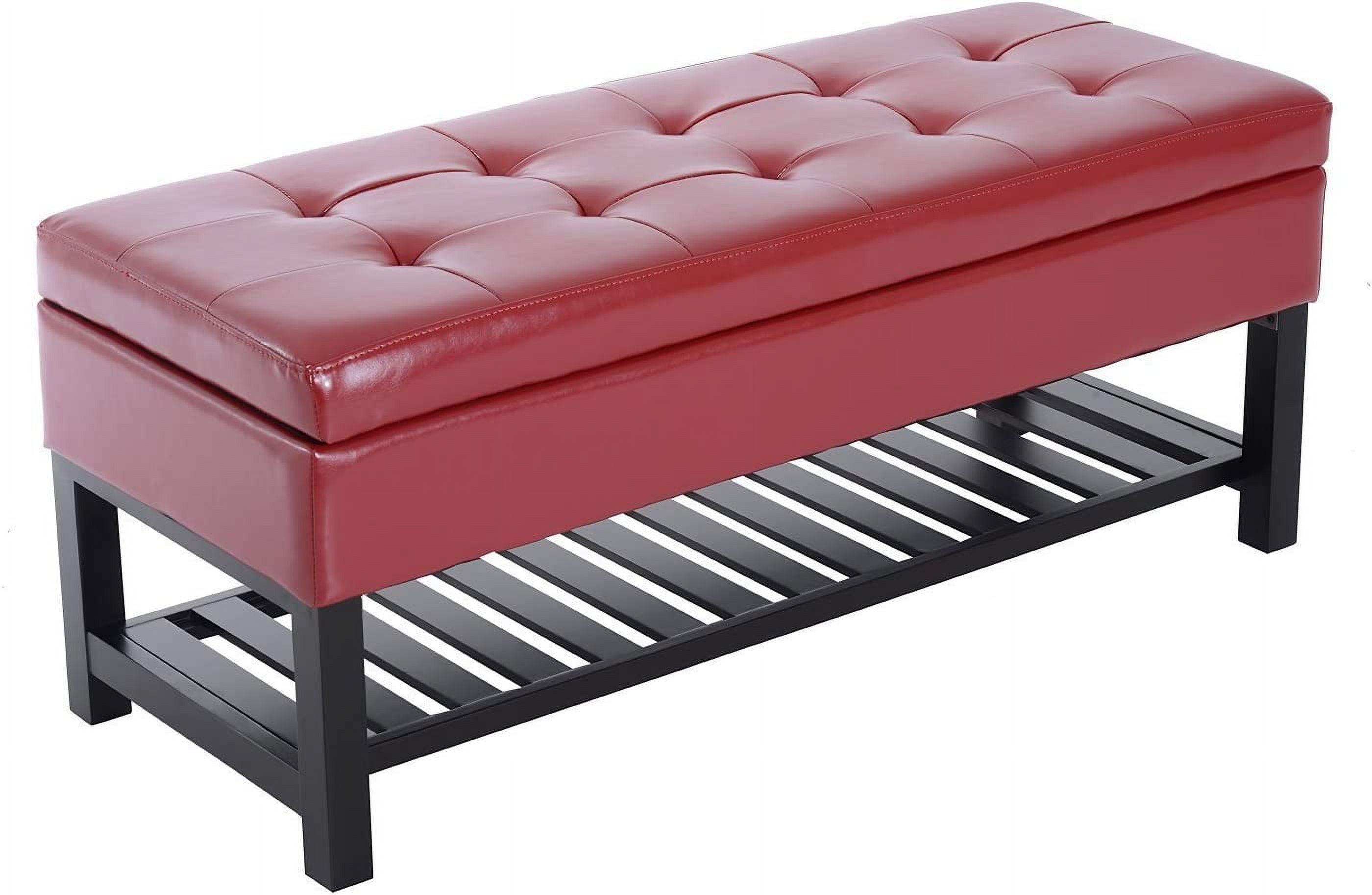 Elegant Crimson Red Faux Leather Ottoman Storage Bench with Shoe Rack