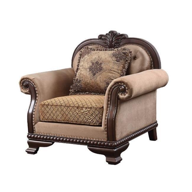 Espresso Brown Floral Upholstered Wood Armchair with Pillow