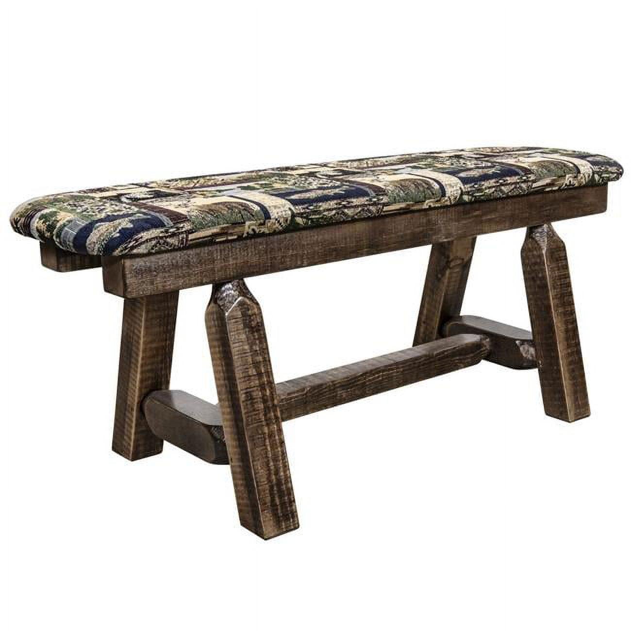 45 in. Homestead Collection Plank Style Bench with Woodland Upholstery, Stain & Clear Lacquer Finish