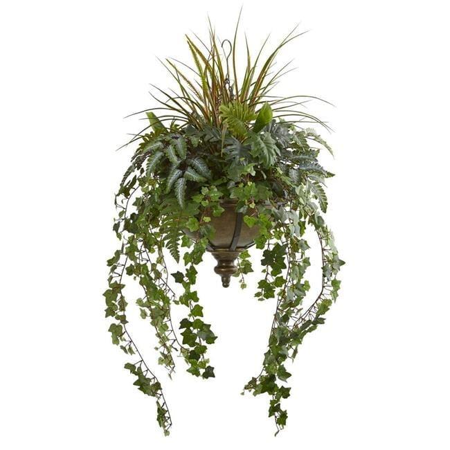 Nearly Natural 45” Ivy and Mix Greens Artificial Plant in Hanging Metal Bowl