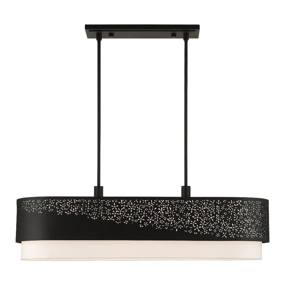 Noria Black Steel 6-Light Linear Chandelier with Off-White Shade