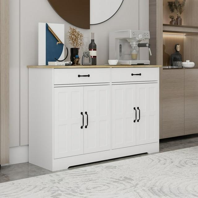 White Farmhouse Wood Buffet Cabinet with Black Metal Handles