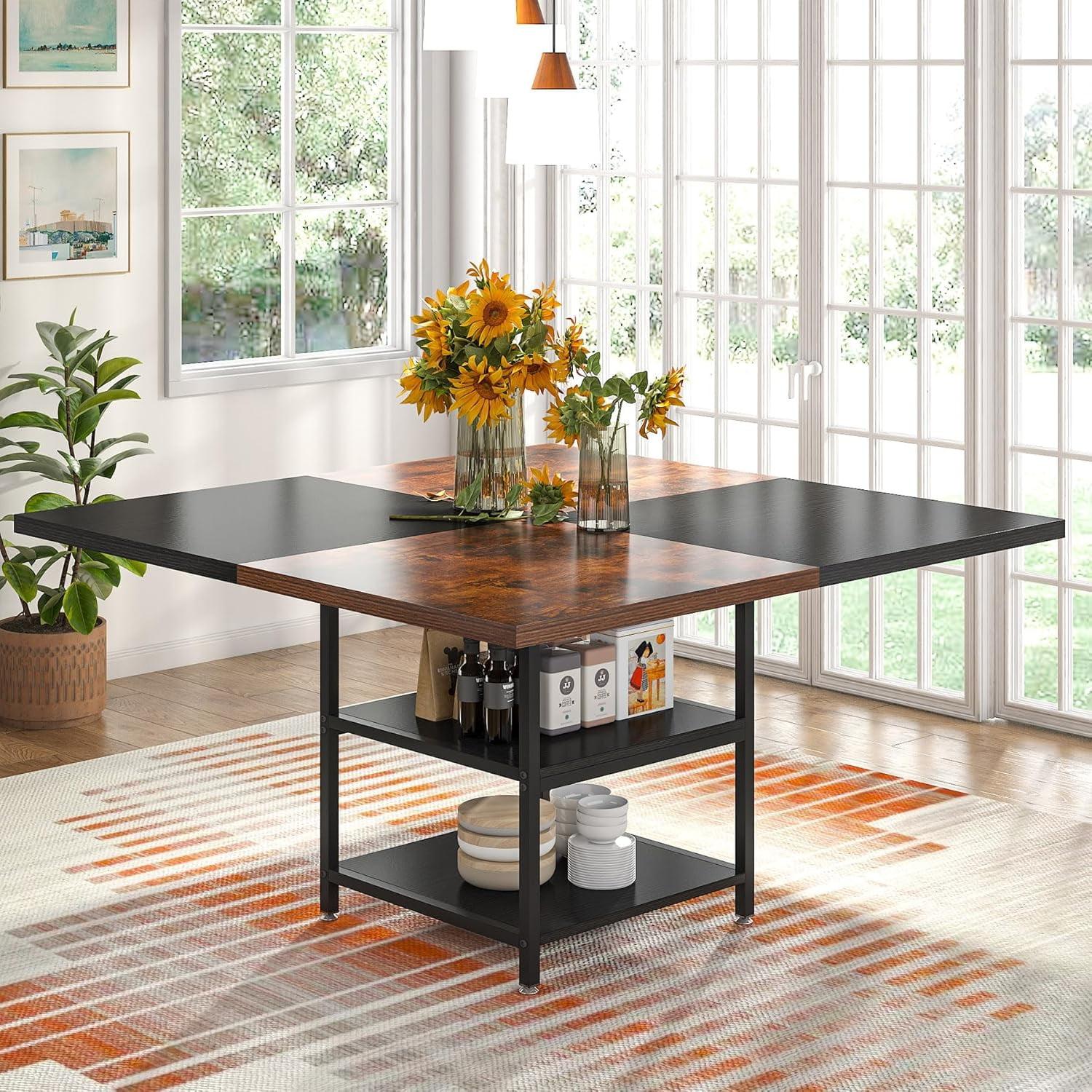 47 Inch Black and Rustic Brown Square Dining Table with Storage Shelf