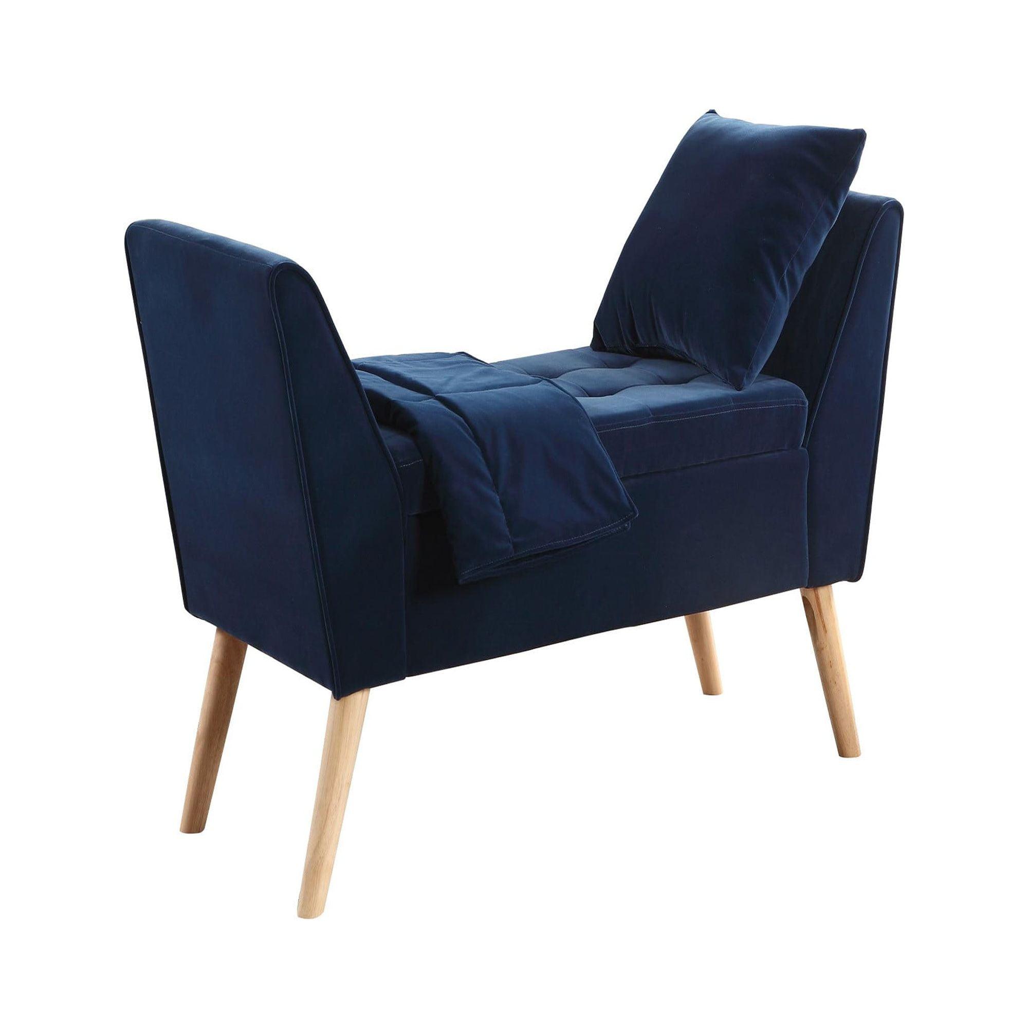 Navy Blue Microsuede Storage Bench with Pillow and Blanket