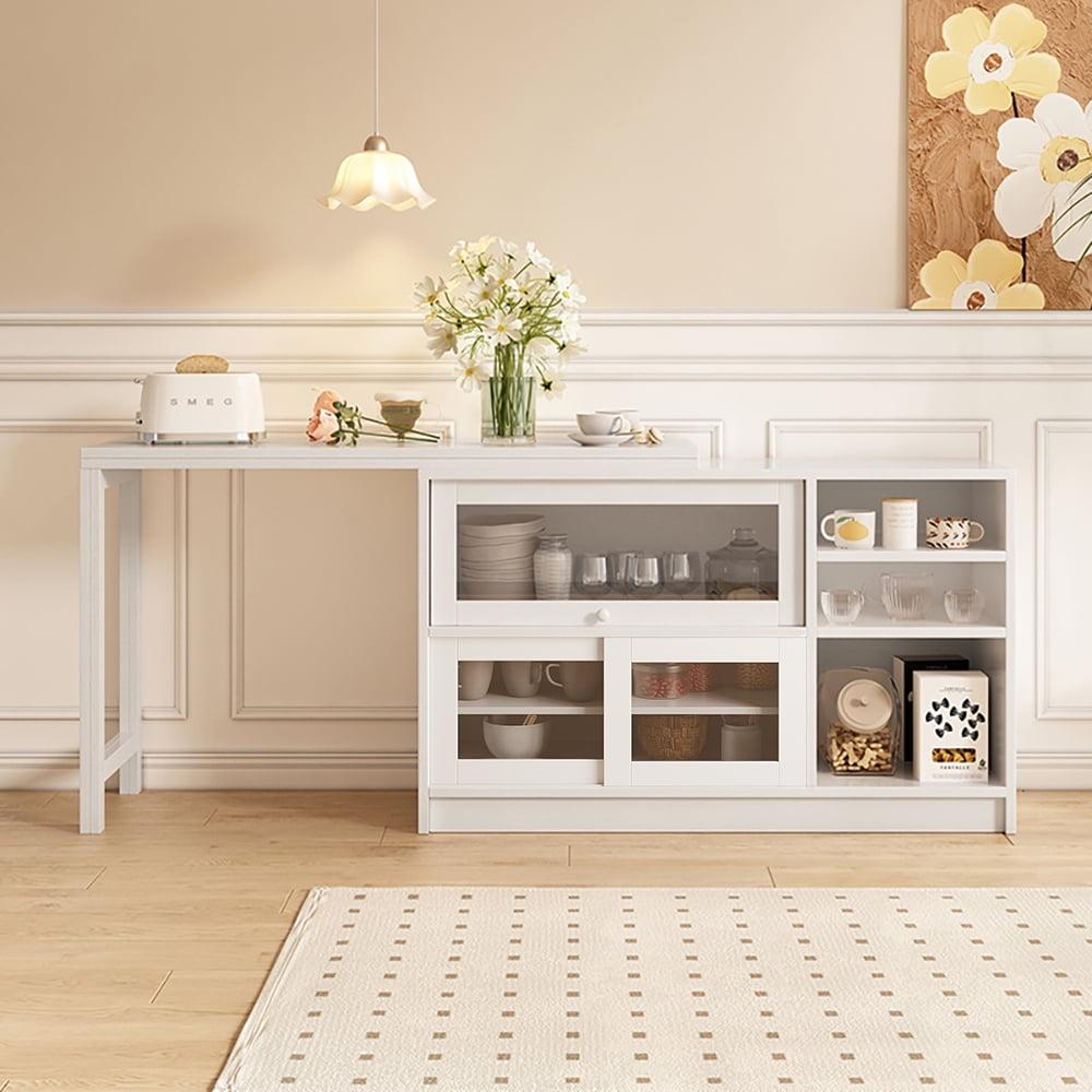 47" White Storage Sideboard Cabinet Extendable Wood Buffet Foldable Dining Table