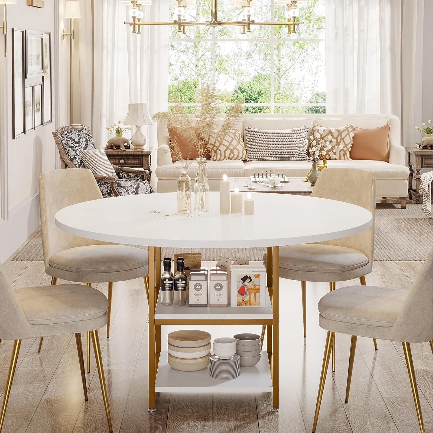 47 inch Dining Table for Dining Room, 4 People Round Dinner Table white & Gold