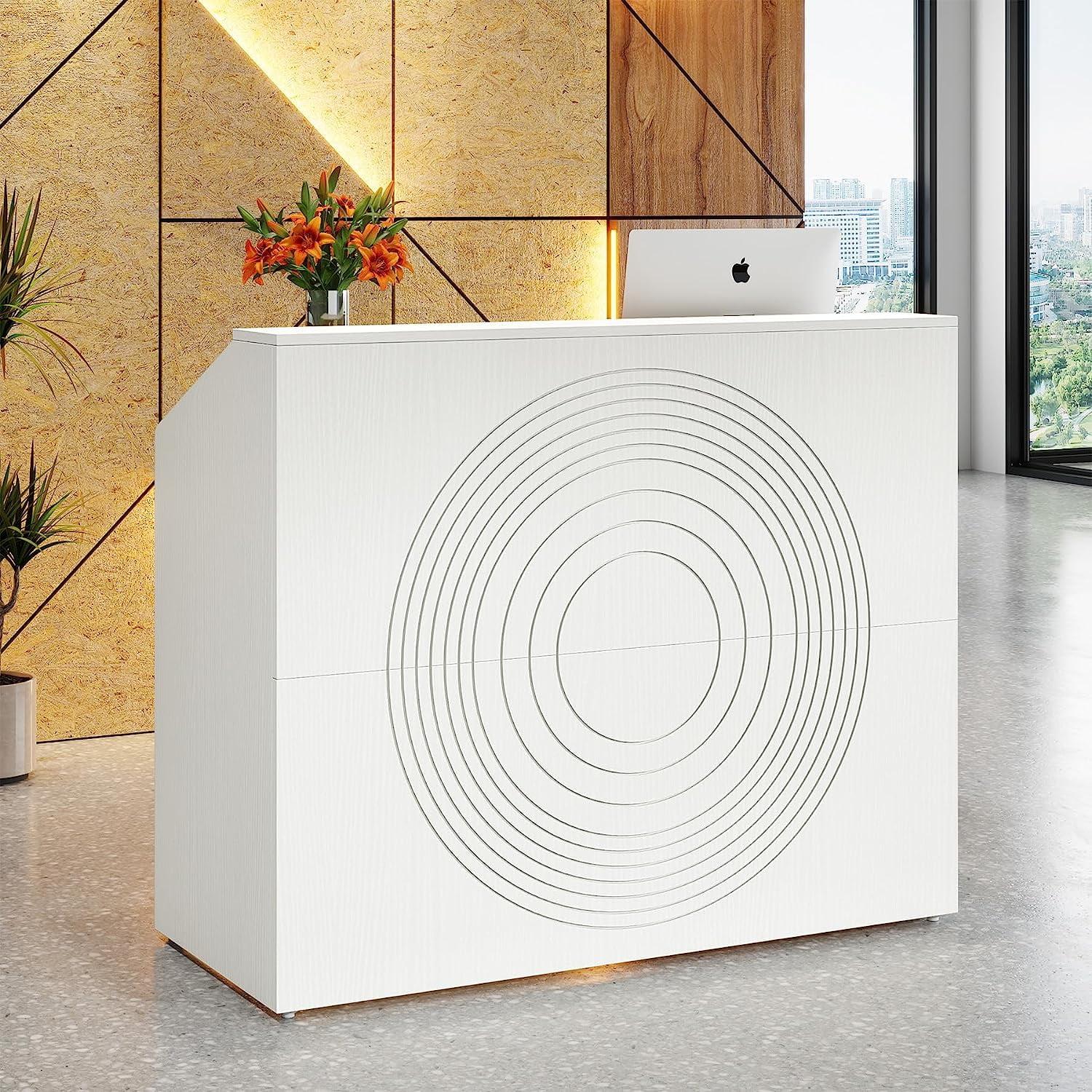 Tribesigns Modern Reception Desk, Front Counter Desk with Open Shelves, for Lobby, Beauty Salon, White