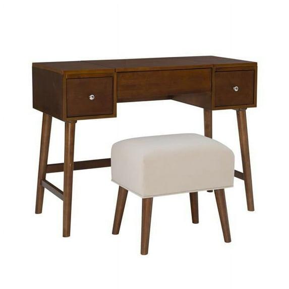 Viola Mid-Century Modern Flip-up Mirror 2 Drawer Vanity and Upholstered Stool Brown - Linon: Rubberwood, MDF, Lift-Top Storage