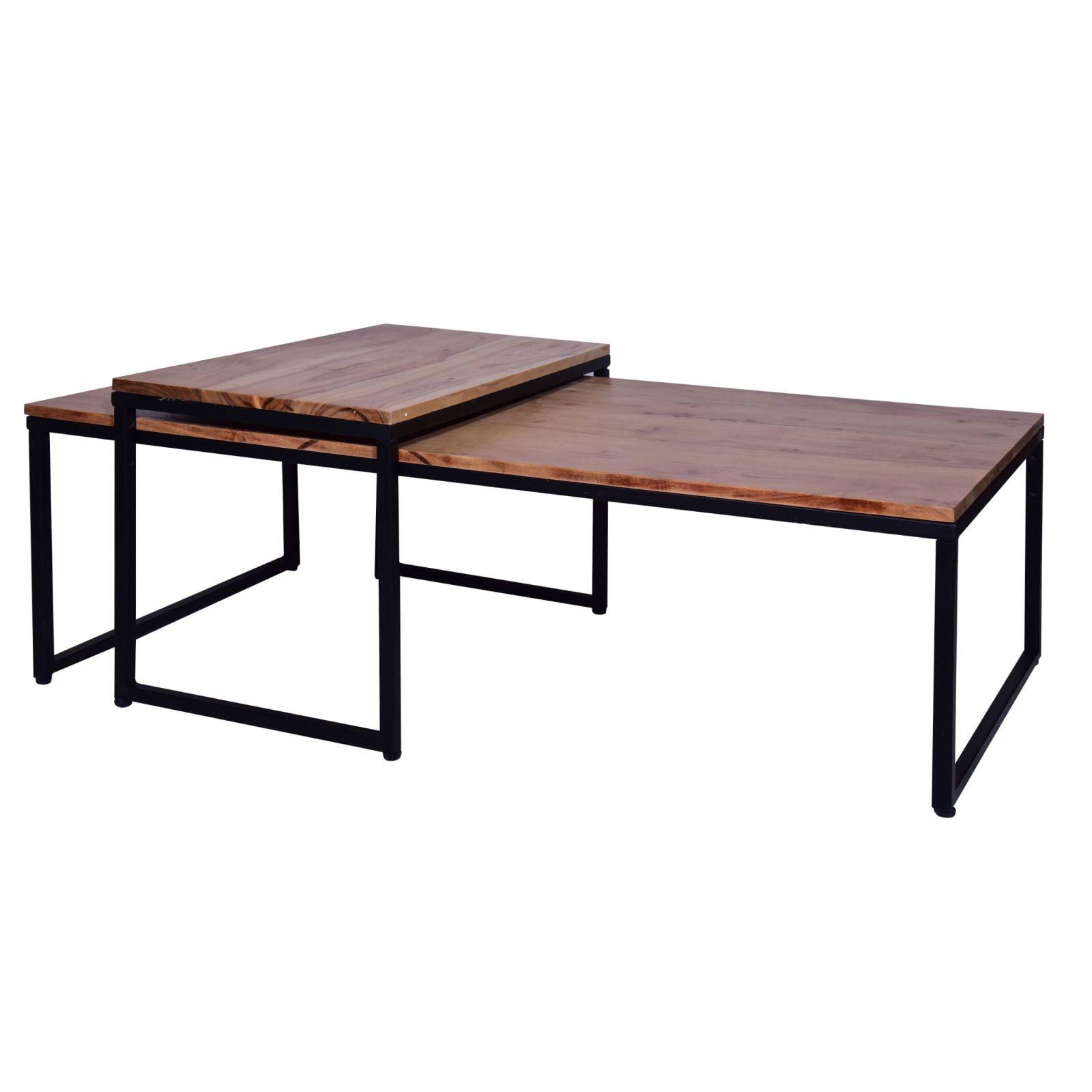 Scandinavian Walnut Acacia & Iron Nesting Coffee/End Table Set