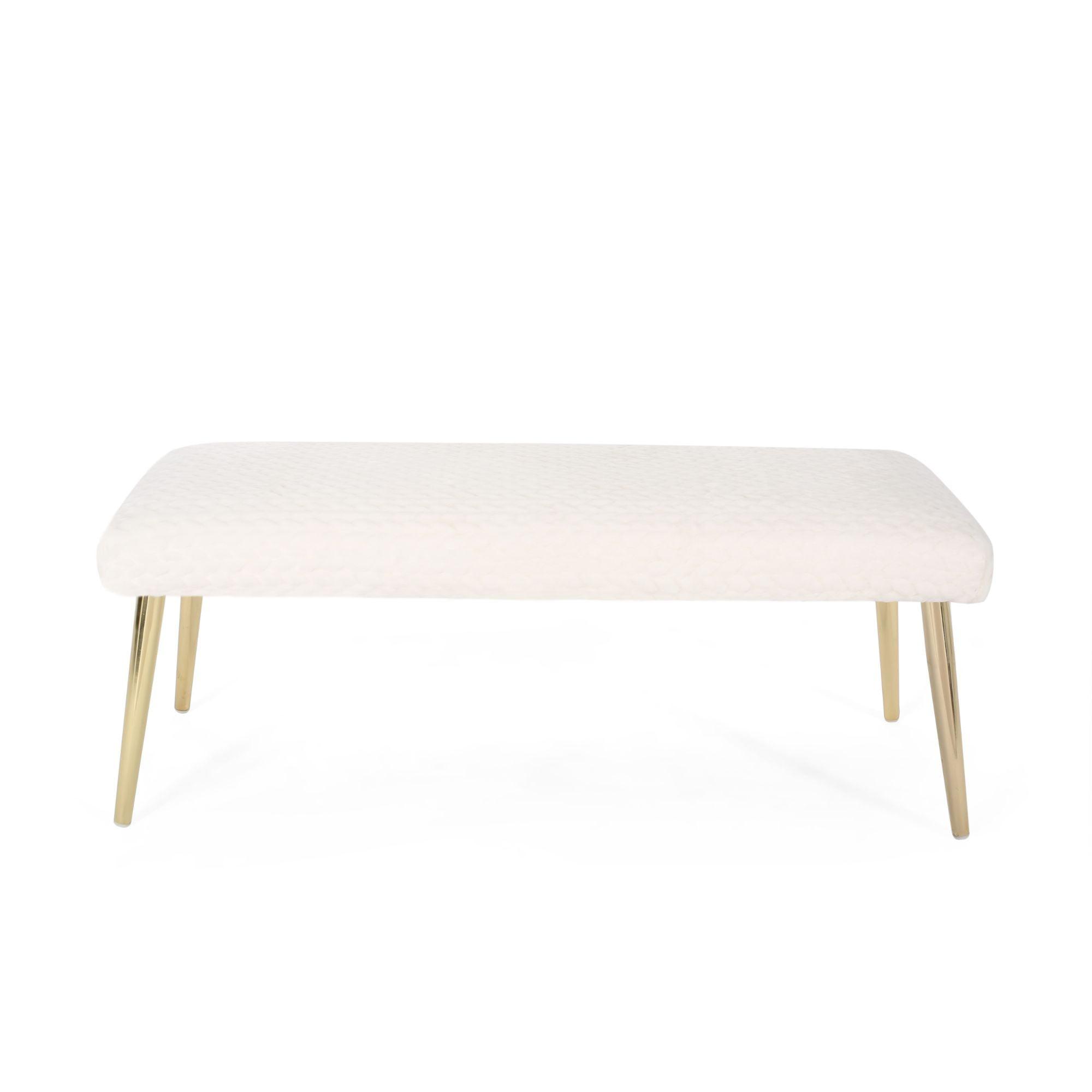 48.75" White Faux Fur and Gold Iron Leg Bench