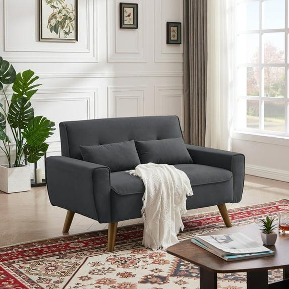 Soscana Small Loveseat 2-seater Sofa Mid Century Modern Love Seat Couch with Throw Pillows and Wooden Legs for Living Room Apartment Office Small Space