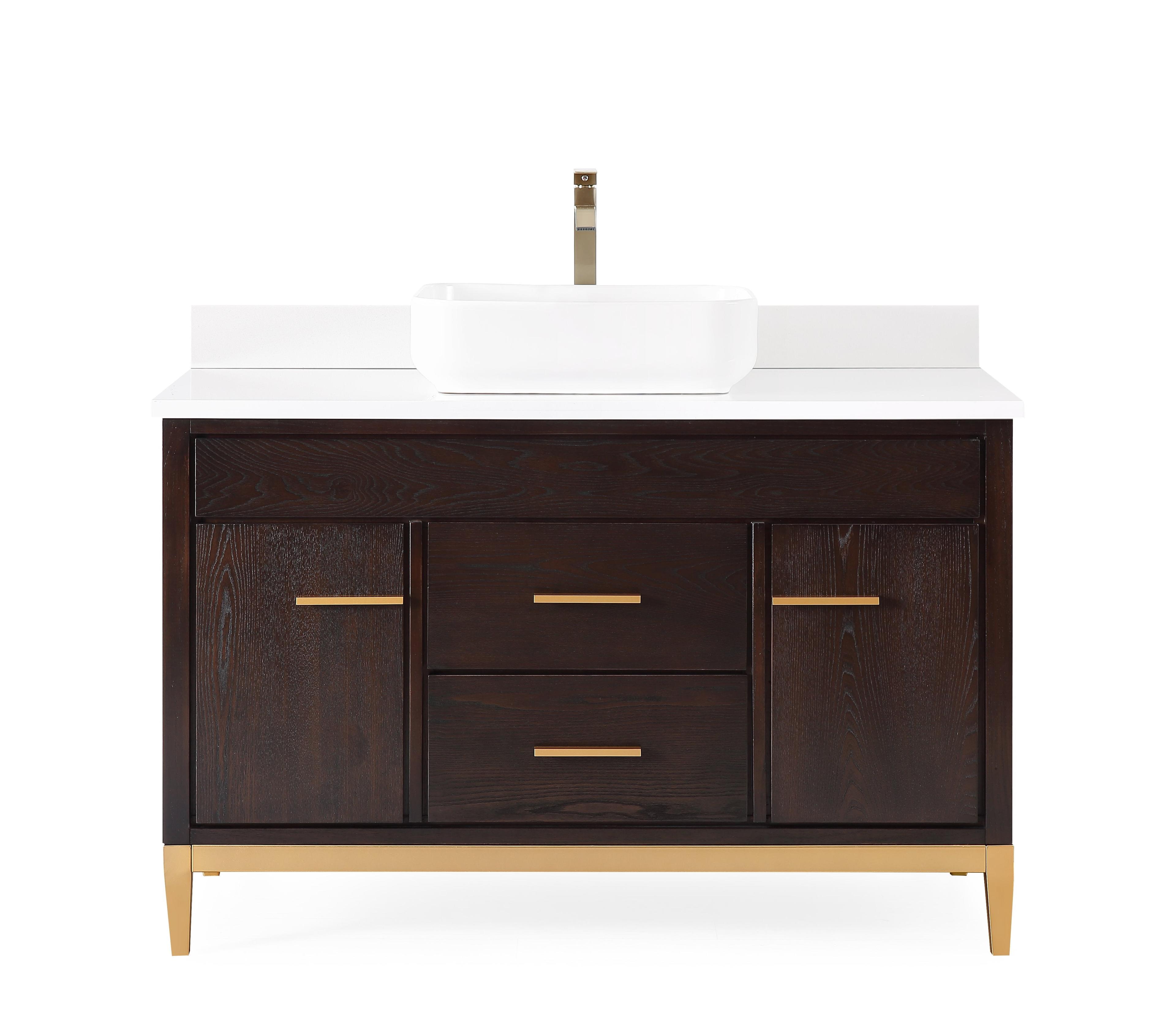 48" Espresso Wood Vanity with White Quartz Top and Gold Accents