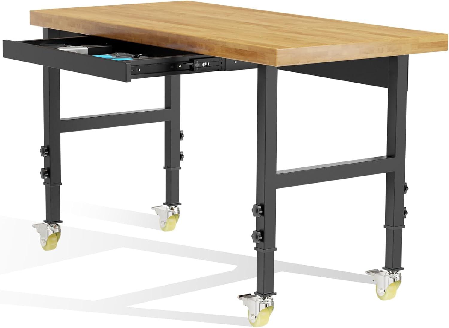 48” Heavy-Duty Solid Wood Work Bench Work Table with Wheels, Adjustable Height Portable Workbench with Power Outlets, 3000 Lbs Capacity Workstation for Garage, Workshop, Office, Shop, Outdoor