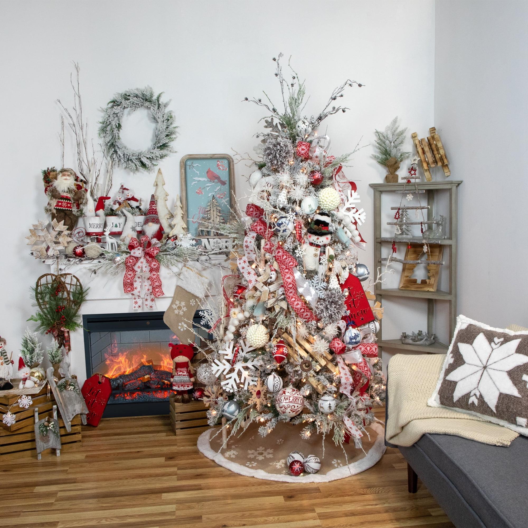 48-Inch Beige and White Snowflake Embroidered Christmas Tree Skirt