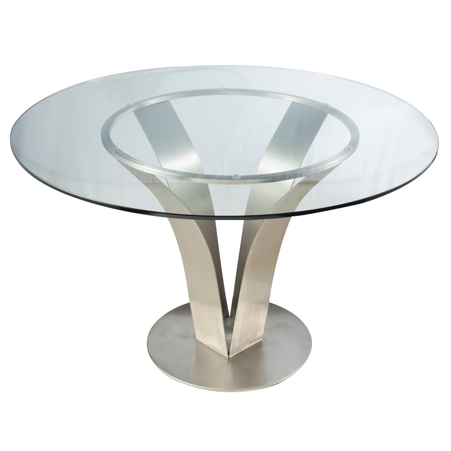 48 Inch Dining Table with Round Glass Top and Metal Base, Chrome - Saltoro Sherpi