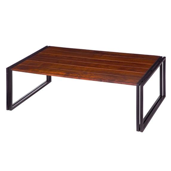 48 Inch Wooden Coffee Table with Double Metal Sled Base Brown and Black - Saltoro Sherpi