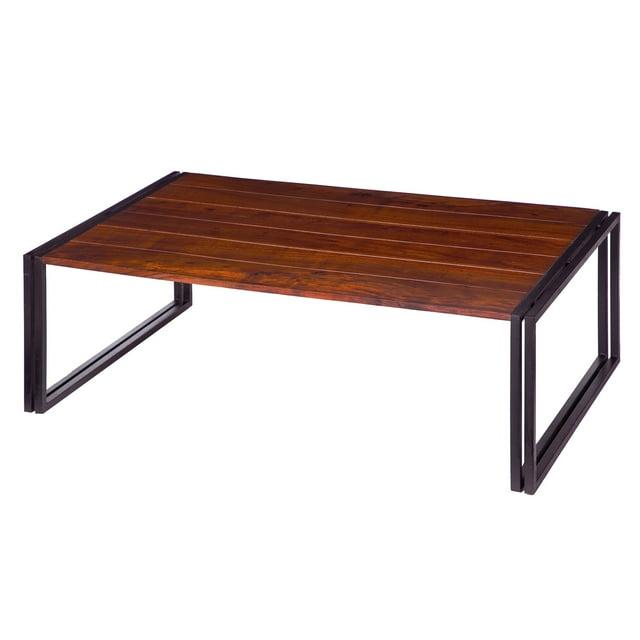 48 Inch Wooden Coffee Table with Double Metal Sled Base Brown and Black - Saltoro Sherpi