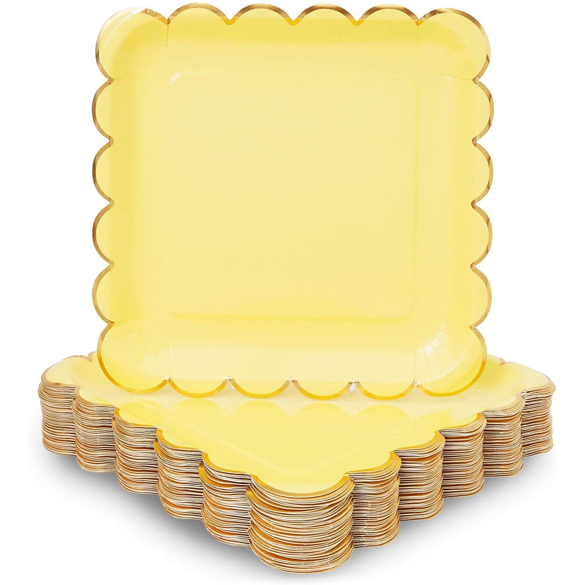 Sparkle and Bash 48-Pack Pastel Yellow Square Disposable Paper Plates, Gold Foil Scalloped Edge 9 In