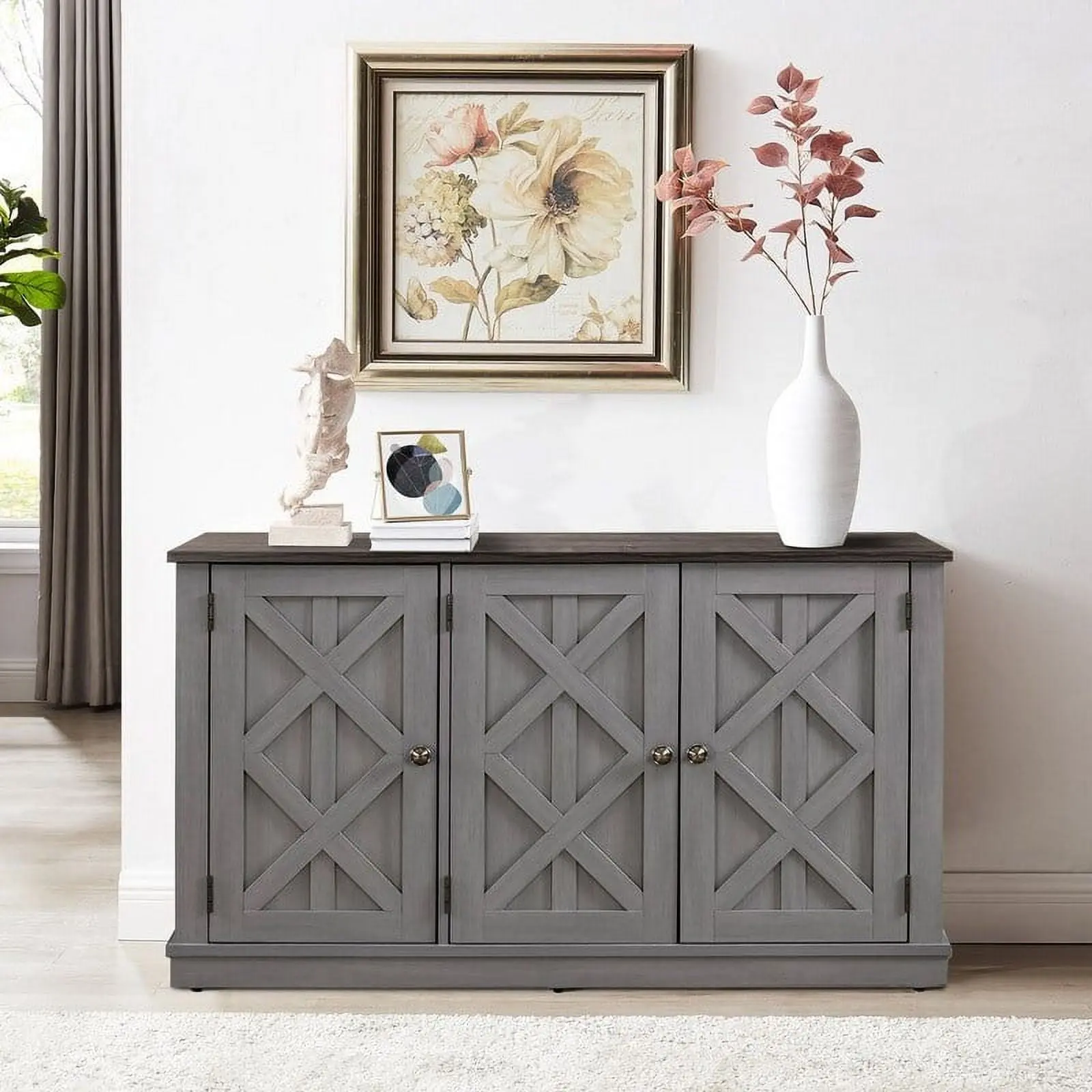 Gray Rustic Wood Finish 48" 3-Door Accent Cabinet