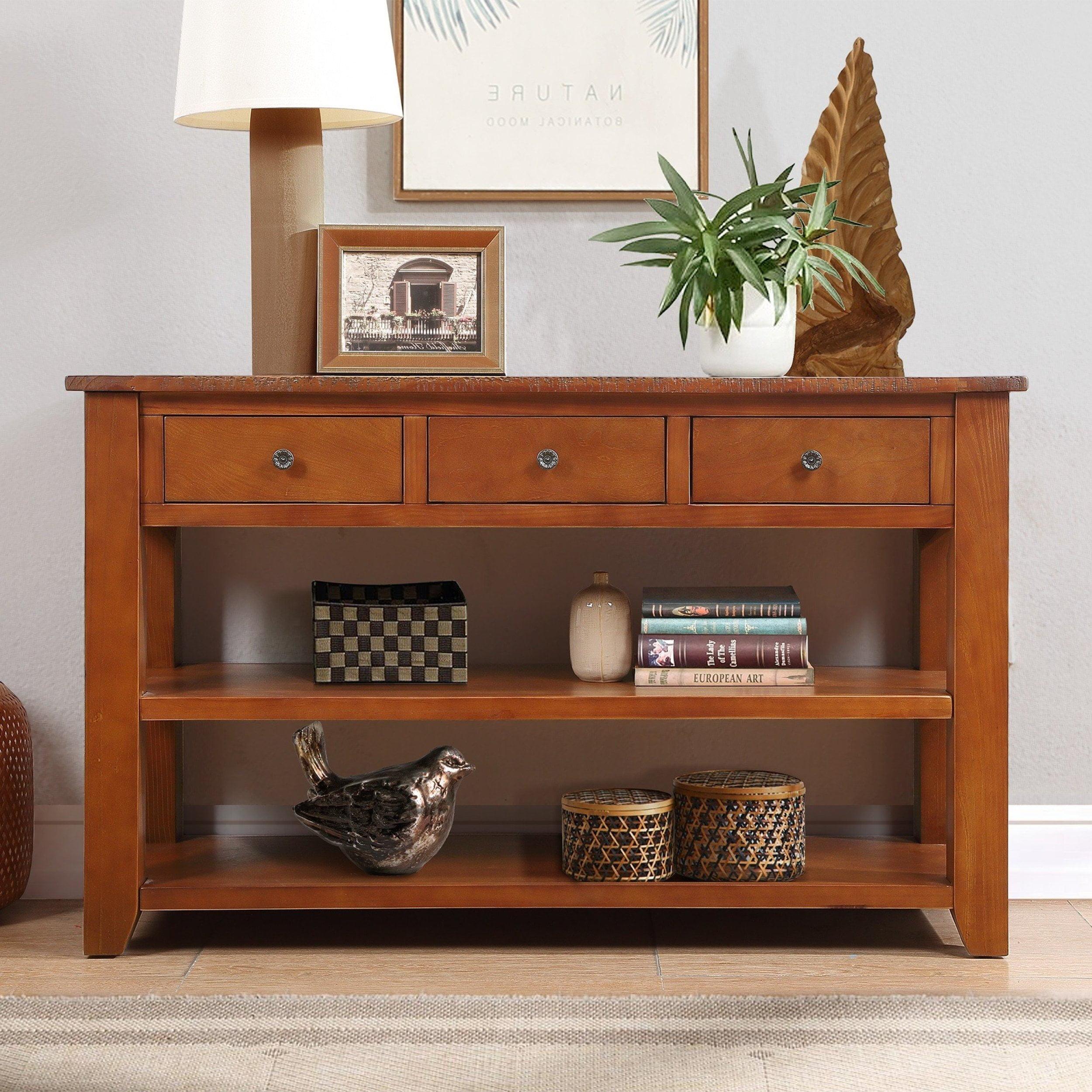 48'' Solid Wood Console Table, Modern Sofa Table with 3 Drawers and 2 Shelves, Farmhouse Buffet Cabinet Accent Table Entryway Table for Kitchen Living Room Dining Room Furniture, Brown