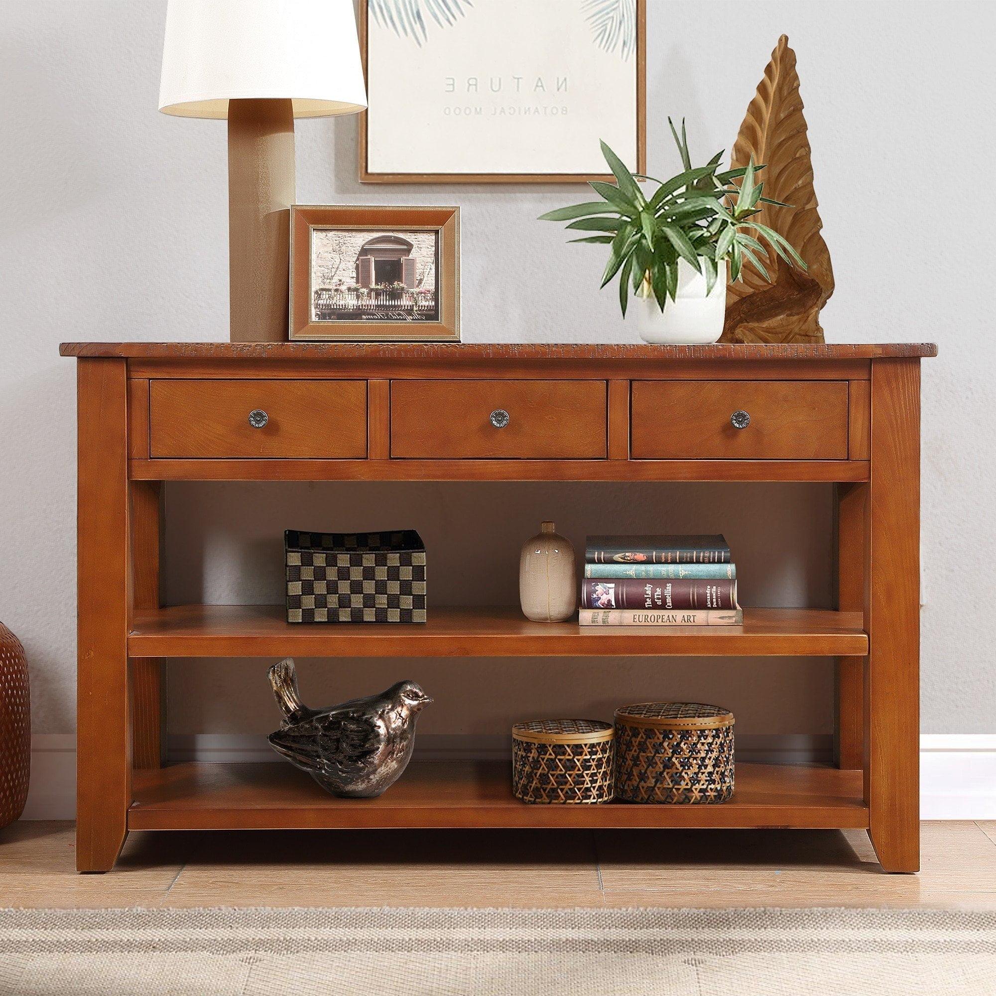 48'' Brown Pine Wood Console Table with Storage Drawers and Shelves