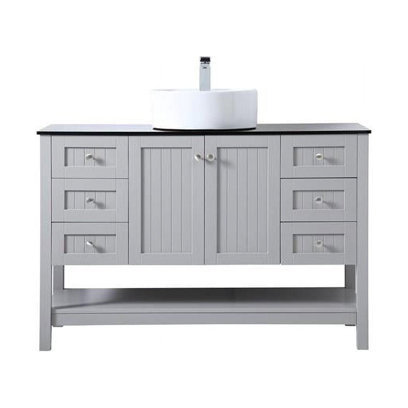 Gray 48" Freestanding Bathroom Vanity with Black Tempered Glass Countertop