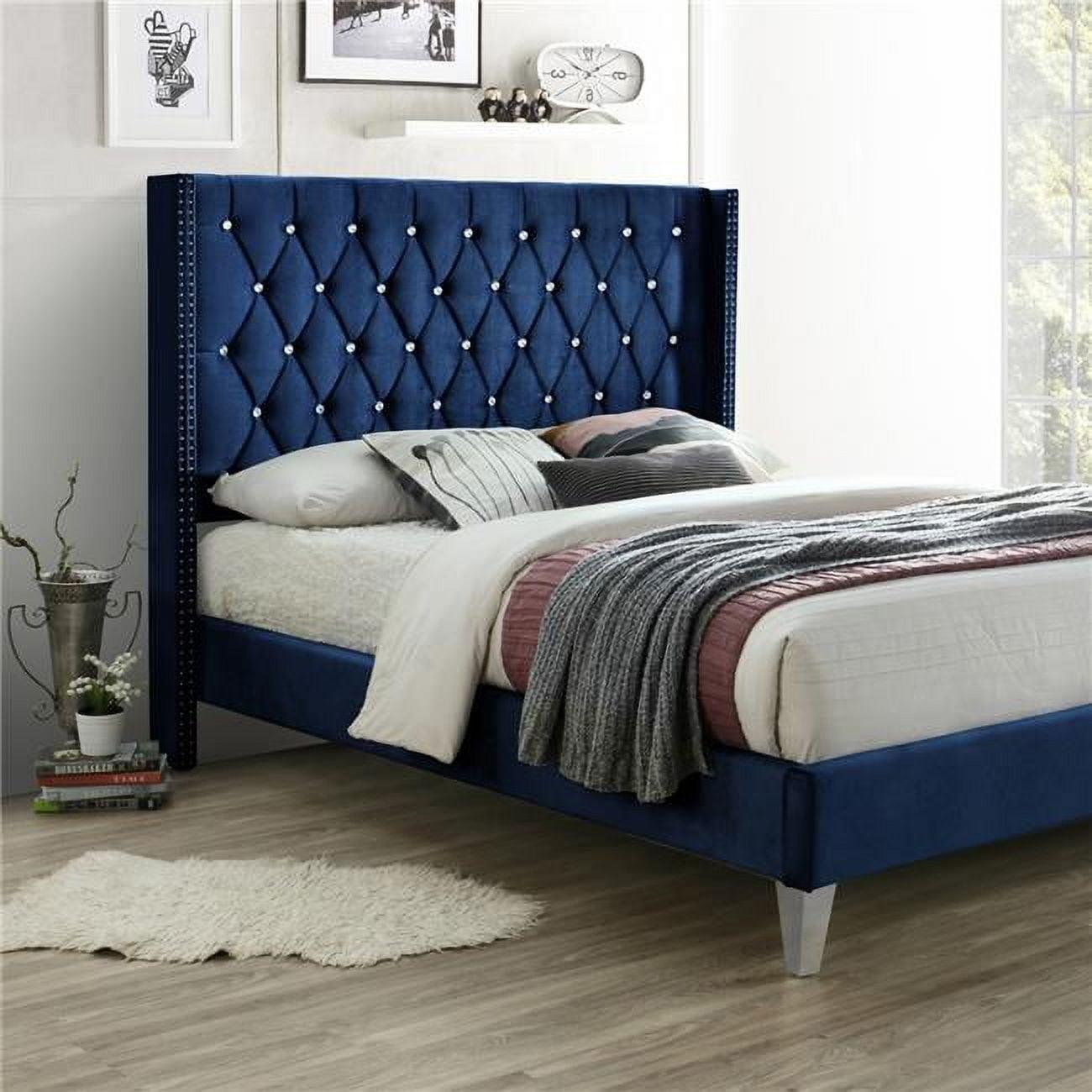 Alexa Deluxe Blue Velvet Full Platform Bed with Tufted Headboard