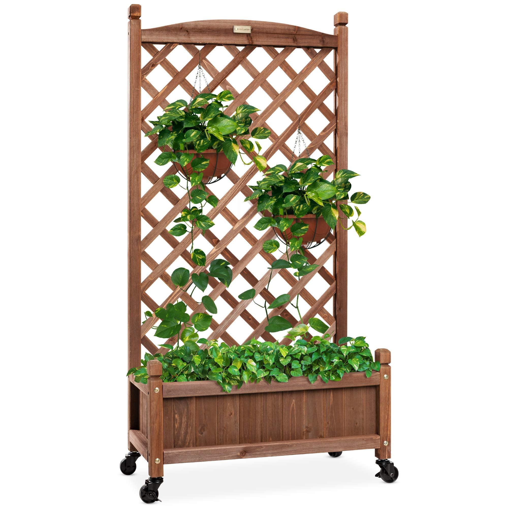 Walnut Finish Mobile Wood Planter Box with Diamond Lattice Trellis - 48"