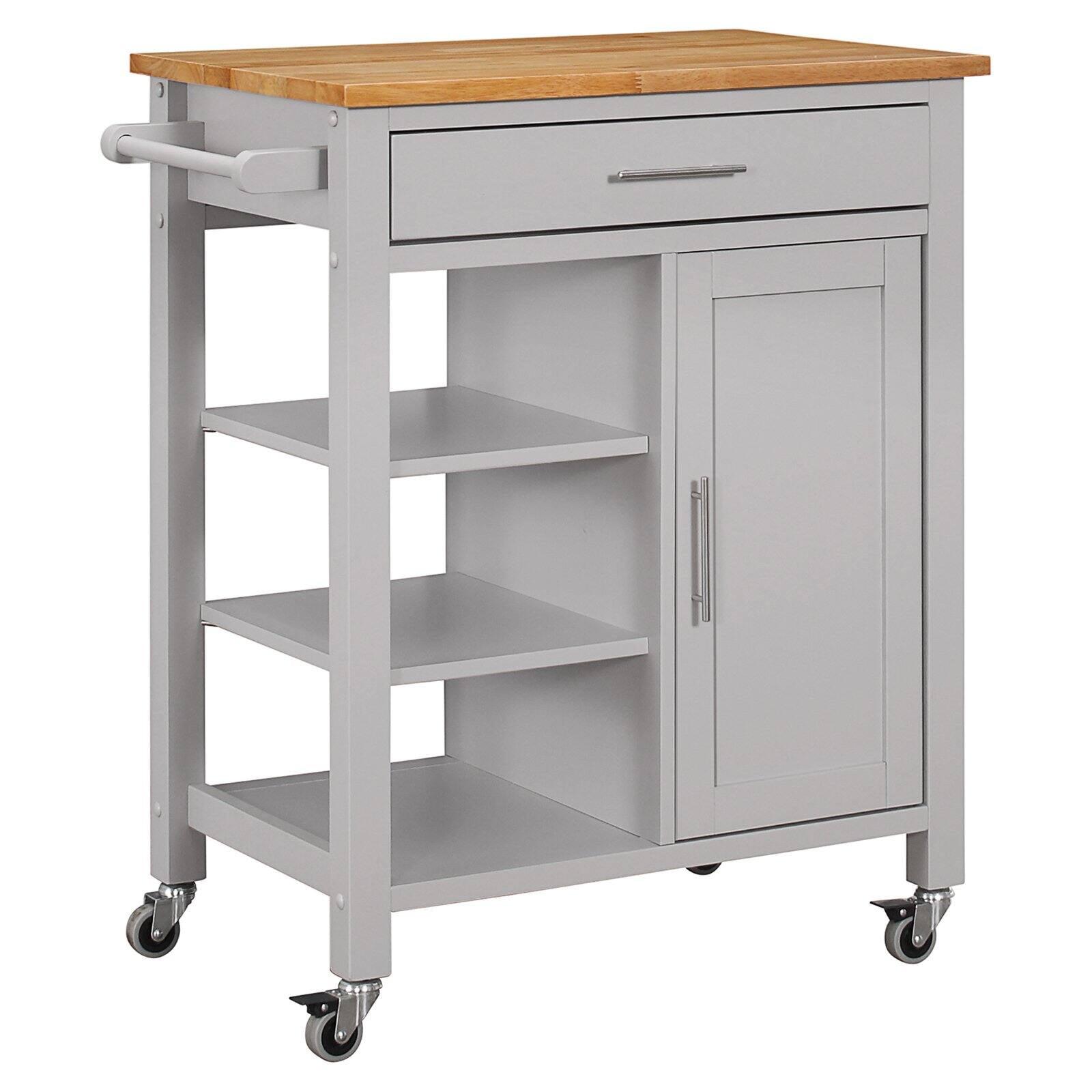 Gray Solid Wood Kitchen Cart with Storage and Natural Top